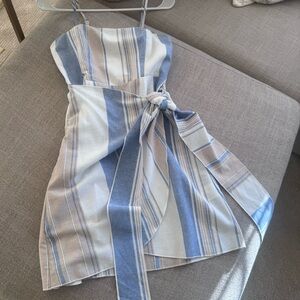 L'ATISTE Blue, Cream and Tan Striped Tie-Waist Mini Dress